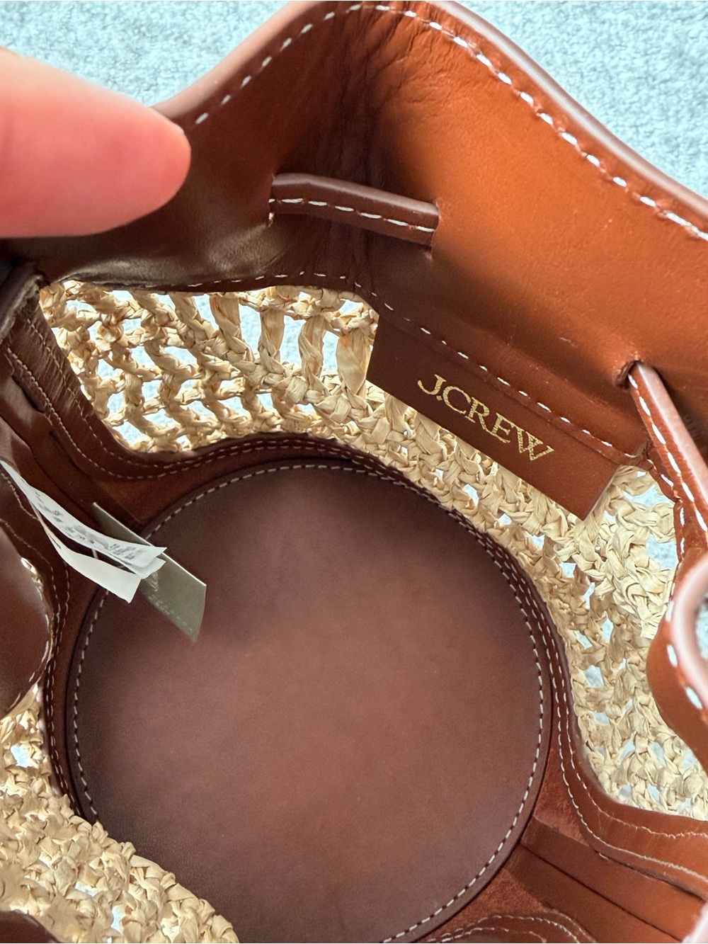J. Crew Drawstring Brown English Saddle Leather & Straw Mini Bucket Bag #OA3 - Picture 6 of 16
